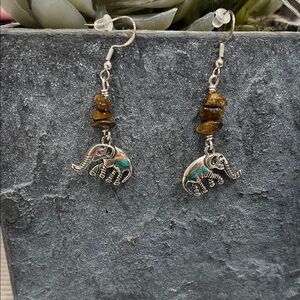 Alloy Silver With Double Sided Elephant Earrings with Brown Accents